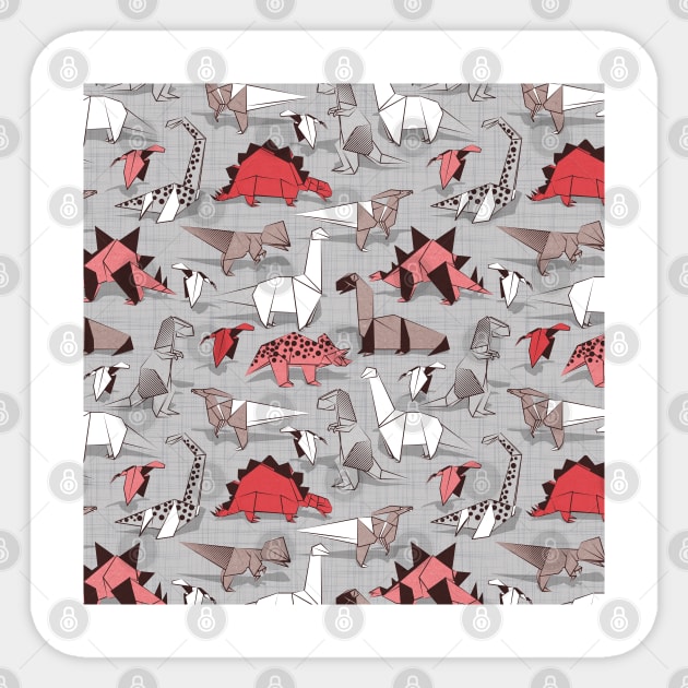 Origami dino friends // pattern // grey linen texture background red white and beige dinosaurs Sticker by SelmaCardoso